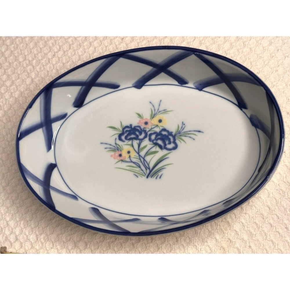 Ceramic Oval Serving Baking Dish Floral Peonies Design Blue Lattice 10" 2.5"